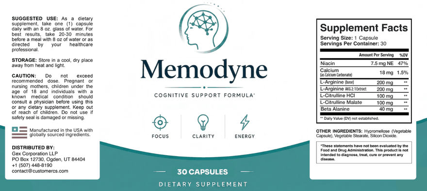 Memodyne printed label showing the Supplement Facts panel and suggested use